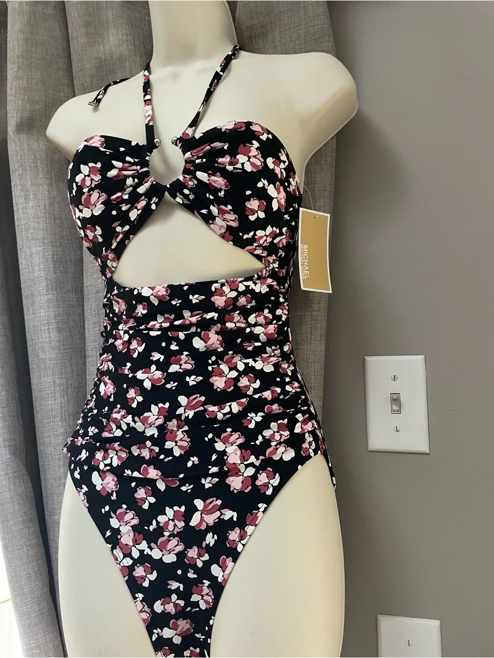 Michael Kors Black Floral Cutout One-Piece Swimsuit with Pink Accents